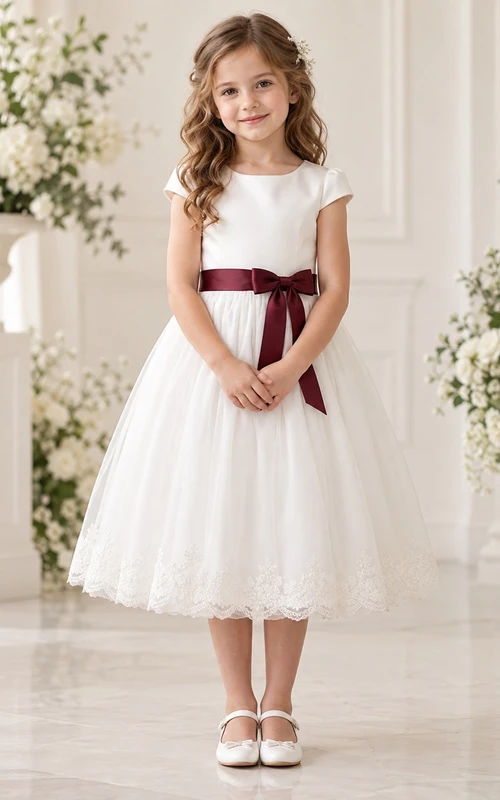 Vestido de niña de flores blanco de corte A, modesto, de tul, con mangas cortas, dobladillo de encaje y fajín burdeos.