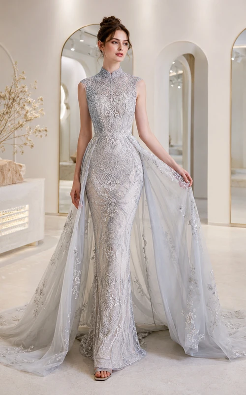 Robe de mariée sirène sans manches à col montant en dentelle perlée, cape zippée et traîne courte