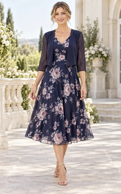Ink Navy Rose Print A-Line V-Neck Three-Quarter Sleeve Jacket Tea-Length Guest Dress