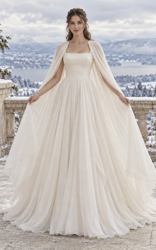 Simple Square Neck Winter Pleated Chiffon Cape A-line Wedding Dress