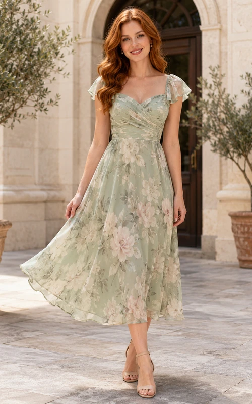 Sage Floral Print Cap Sleeve Tea-length Guest Dress