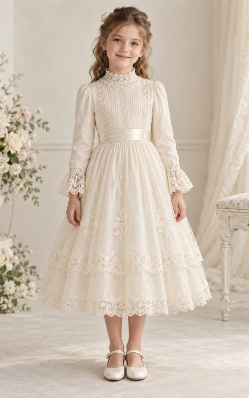 Teelanges, hochgeschlossenes, langärmeliges, elfenbeinfarbenes A-Linien-Kleid mit Spitze, Abnähern und Lagenlook für Blumenmädchen