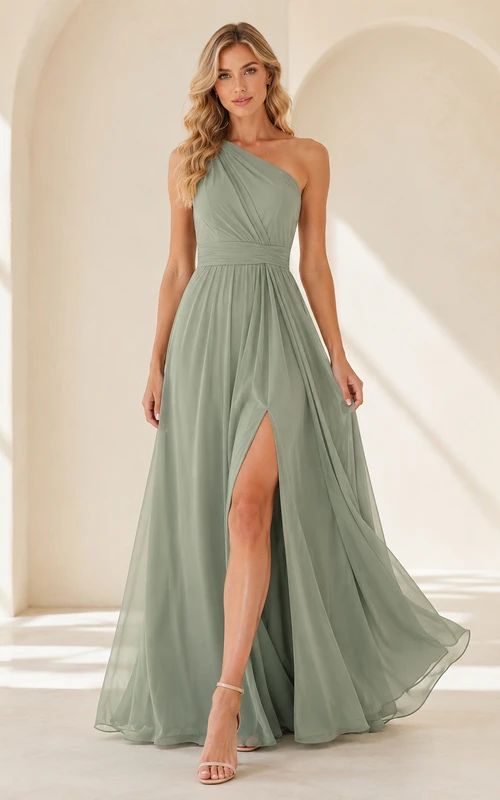 Robe longue trapèze en mousseline plissée vert sauge, asymétrique à une épaule, avec fente.
