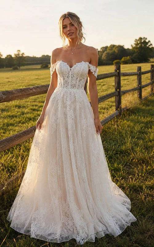 Vestido de novia campestre de encaje con escote Bardot, corte en A, corpiño tipo corsé y cola de tul.