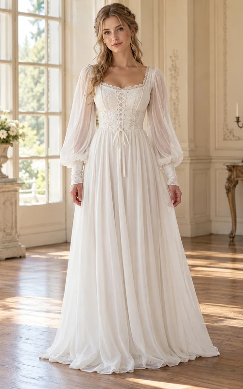 Robe de mariée Renaissance en mousseline à manches longues, col rond et corset trapèze