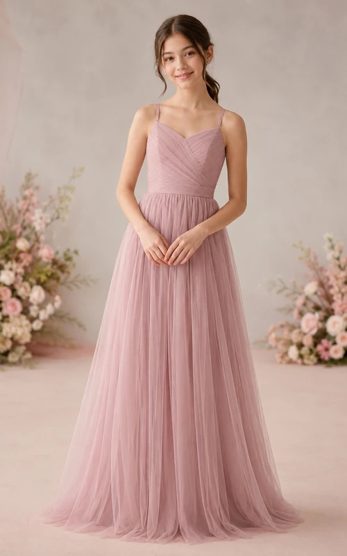 Vestido de dama de honor juvenil rosa perla, corte en A, tirantes finos, sin mangas, sencillo.