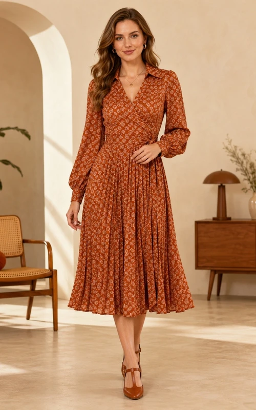 Vestido vintage de gasa con estampado marrón óxido, cuello en V, manga larga, corte en A y largo hasta la rodilla