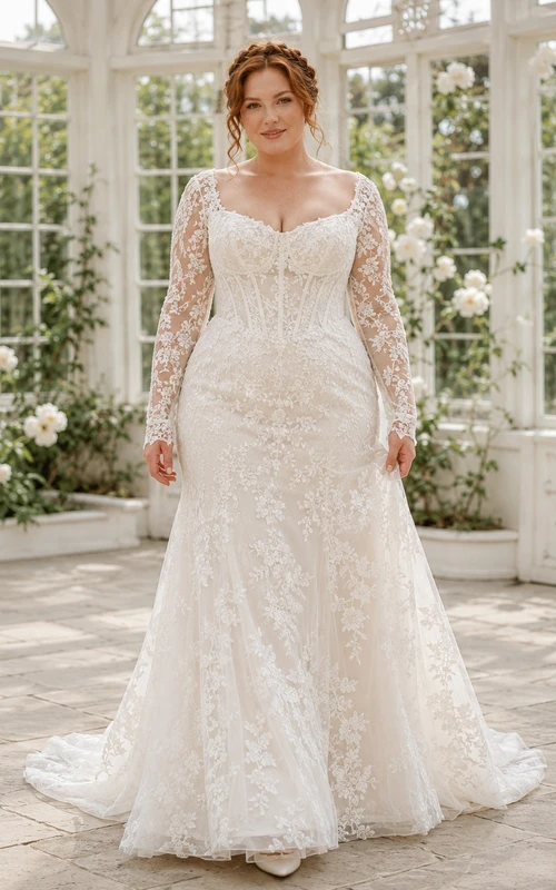 Plus Size Langarm-Spitzenkleid im Meerjungfrauenstil mit eckigem Ausschnitt, Meerjungfrauen-Schnitt und dezentem Vintage-Stil