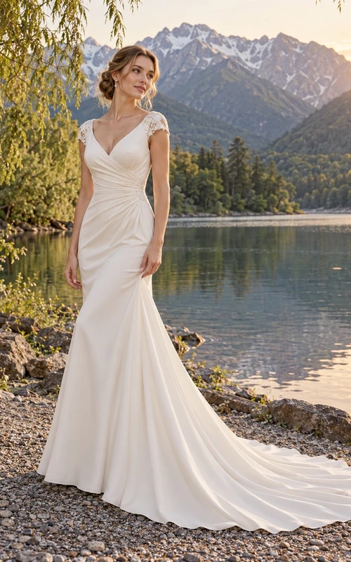 Schlichtes Brautkleid im Meerjungfrauenstil mit V-Ausschnitt, kurzen Ärmeln und Drapierung