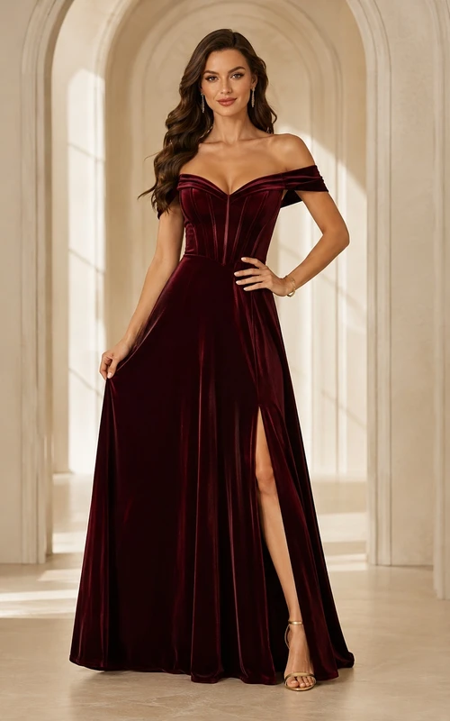 Burgundy Evening Dress Mermaid Velvet Off-the-Shoulder Ruched Sweep Train Sexy Gown