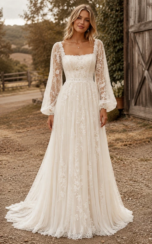 Robe de mariée bohème champêtre en dentelle, col carré, manches longues et traîne.