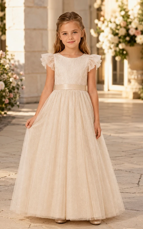 Flower Girl Dress Ivory Lace Tulle A-Line Jewel Neck Tea Length