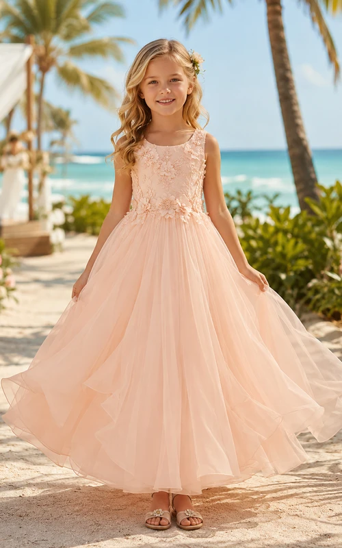 Blumenmädchenkleid aus rosafarbenem Chiffon und Tüll, A-Linie, Rundhalsausschnitt, Teelänge, mit Schärpendetails