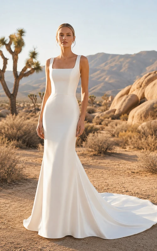 Robe de mariée sirène en satin à col carré et bretelles larges, traîne chapelle, style désertique