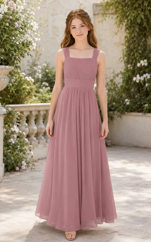 Vestido de dama de honor juvenil color rosa empolvado, corte en A, sin mangas.
