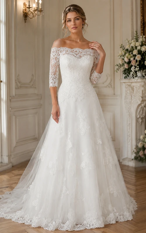 Robe de mariée trapèze en dentelle et tulle, manches 3-4, épaules dénudées, effet illusion