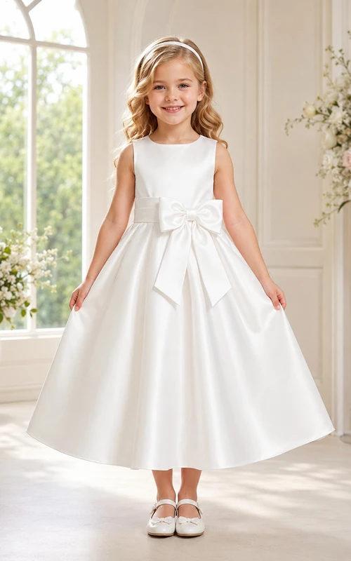 Flower Girl Dress Ivory Satin A-Line Jewel Neck Tea Length Bow Detail