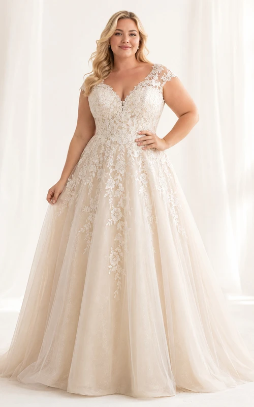 Champagnerfarbenes Brautkleid in Übergröße mit V-Ausschnitt, Spitze und A-Linien-Schnitt