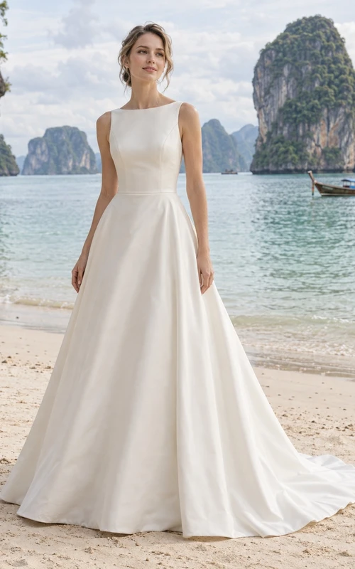 Schlichtes, ärmelloses Brautkleid aus Satin mit U-Boot-Ausschnitt und A-Linien-Schleppe