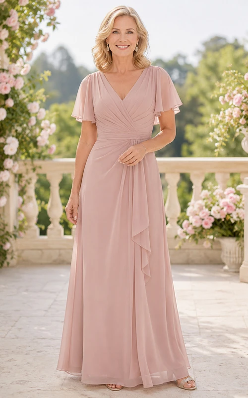 Blush V neck flutter sleeve summer chiffon mother gown