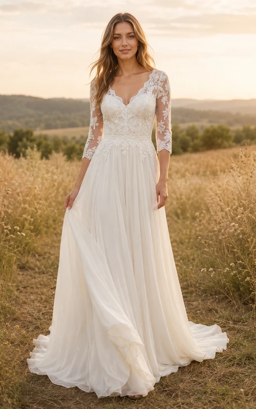 Robe de mariée en mousseline de soie à col en V fluide, manches trois-quarts en dentelle et coupe trapèze