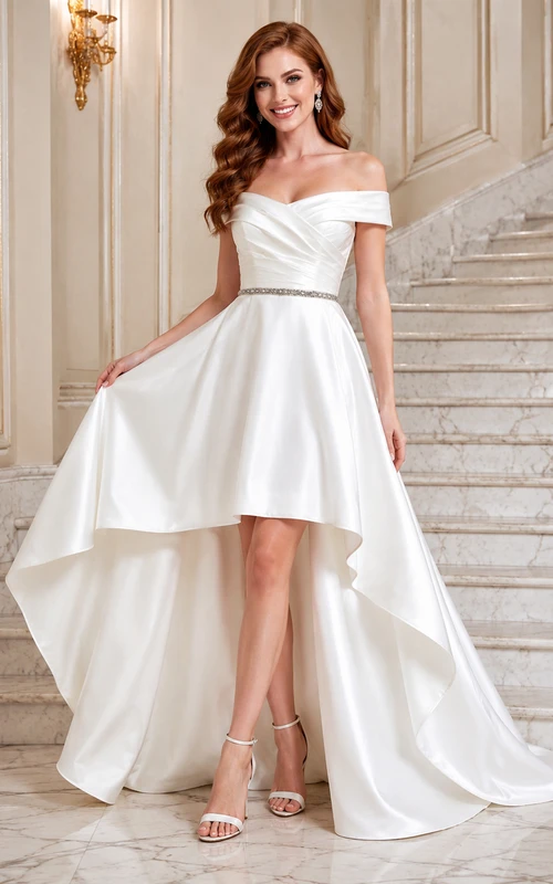 Robe de mariée élégante en satin, coupe trapèze asymétrique, épaules dénudées, manches courtes, décolleté portrait.