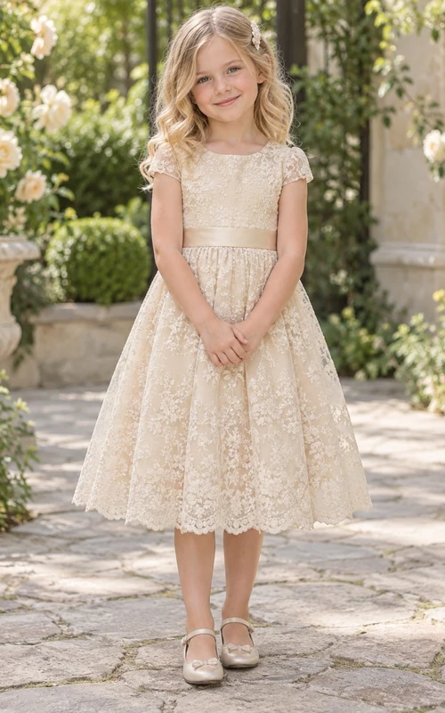 Tea-length Champagne Floral Scoop Cap Sleeve A-Line Gathered Lace Scalloped Hem Satin Waist Flowergirl Dress