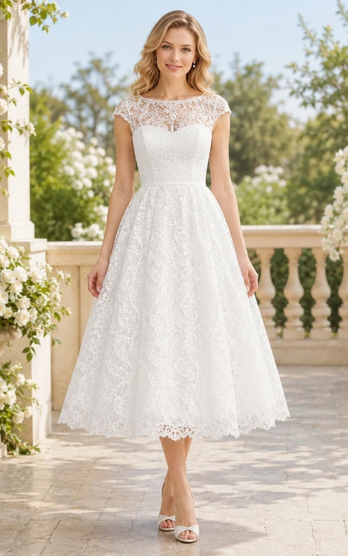 Teelanges Vintage-Cocktailkleid mit U-Boot-Ausschnitt, kurzen Ärmeln und Spitze in A-Linie