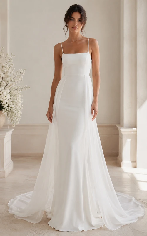 Vestido de novia sencillo de corte A con escote cuadrado, tirantes finos y cola.
