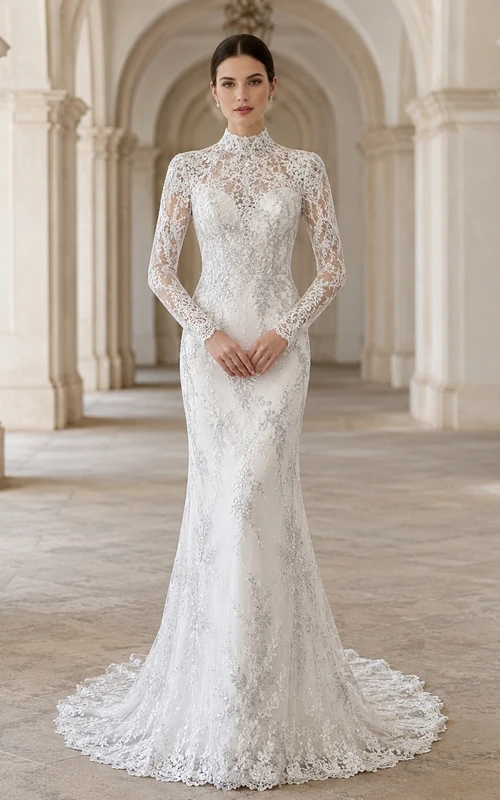 Silbernes, hochgeschlossenes Meerjungfrauen-/Trompetenkleid mit hohem Kragen, langen Ärmeln, bodenlanger Schleppe und schlichtem Design
