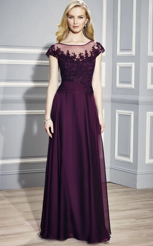 Long Scoop-Neck Cap-Sleeve Appliqued Chiffon Formal Dress