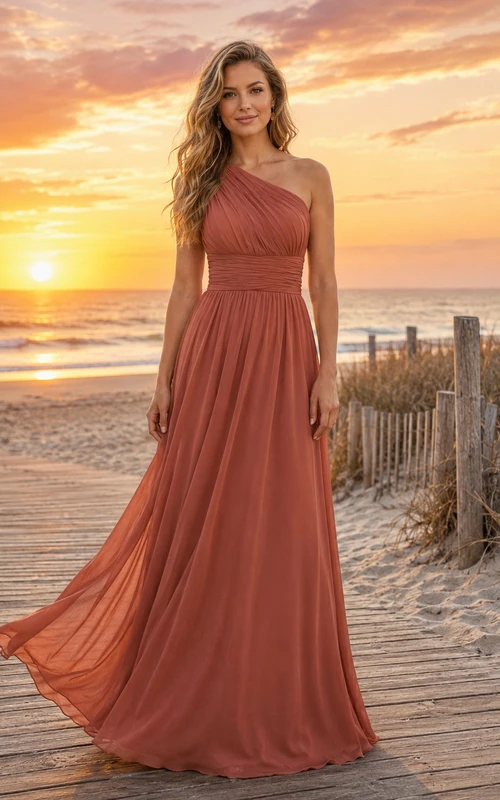Papaya Sunset Beach A-Line Chiffon Bridesmaid Dress with Sleeveless One-Shoulder Bodice, Pleated Floor-Length Skirt and Low V Back