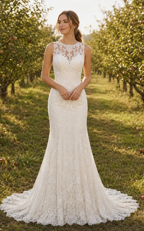 Robe de mariée bohème sirène à col montant sans manches en dentelle illusion et traîne chapelle, style champêtre