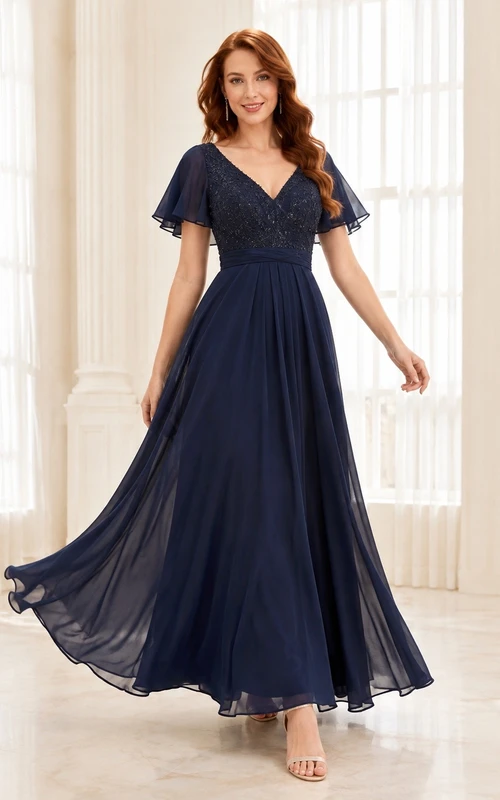 Vestido de quinceañera de gasa azul marino oscuro con escote en V y manga corta, corte en A