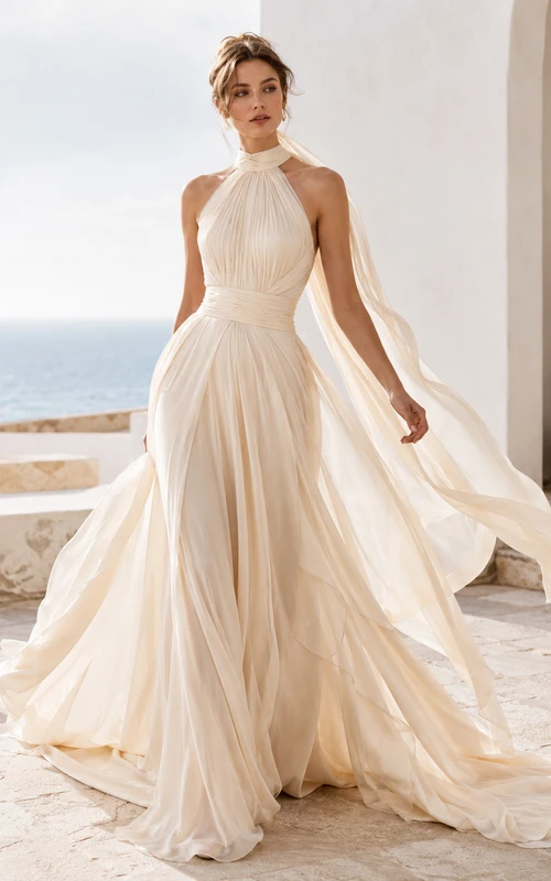 Robe de mariée moderne en mousseline de soie, coupe trapèze, dos nu et traîne courte, avec cape et dos nu