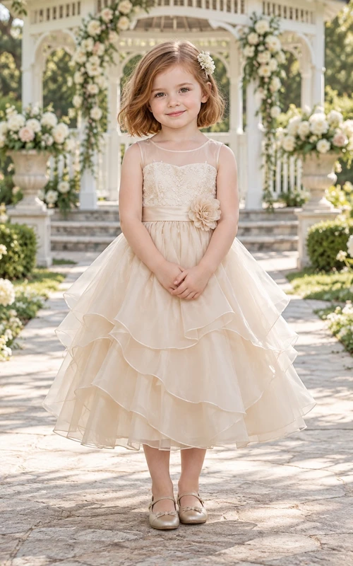 Tea-length Ivory A-line Organza Sleeveless Illusion-Neck Flower-waist Layered Flower Girl Dress