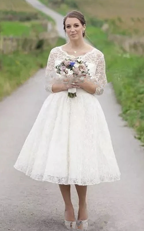 Robe de mariée courte vintage à manches illusion 3/4 en dentelle, longueur thé, avec boutons