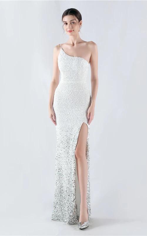 Velvet-Bottom Gradient Sequined High-Slit Oblique Shoulder Sexy Evening Dress