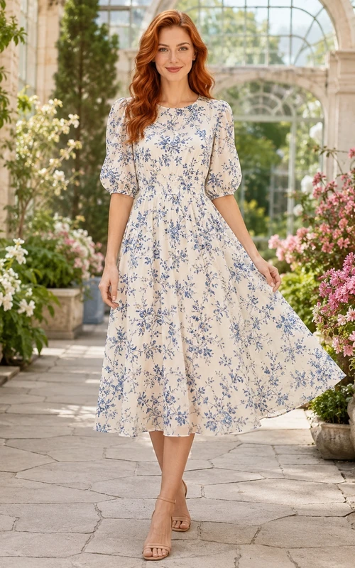 Weiß-blaues Chiffonkleid mit Blumenmuster, eckigem Ausschnitt, Dreiviertelärmeln und Teelänge in A-Linie