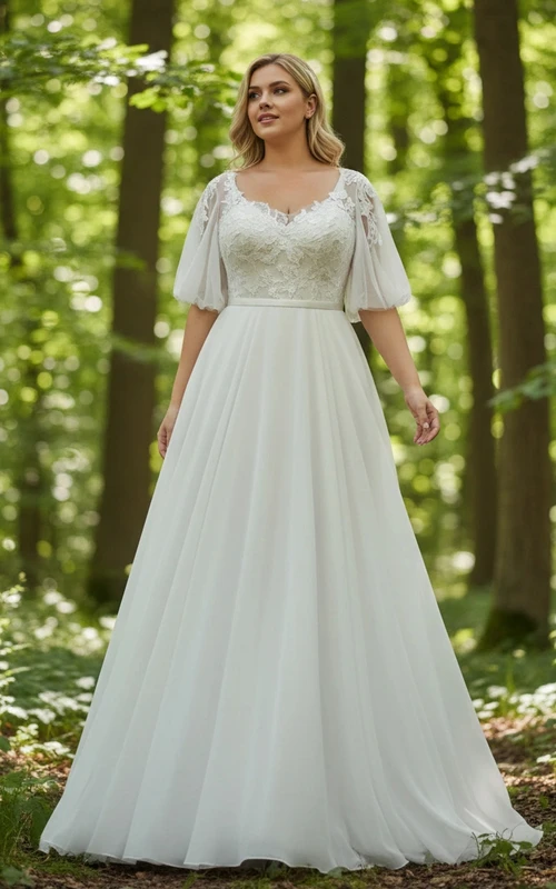 Brautkleid in großen Größen aus Spitze mit V-Ausschnitt, transparenten Puffärmeln und A-Linien-Rock
