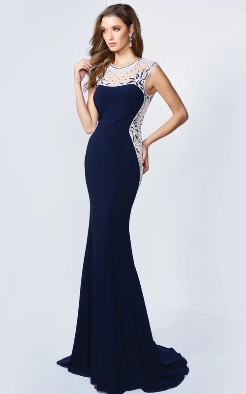 Robe fourreau longue sans manches à col rond en jersey avec fermeture éclair et perles