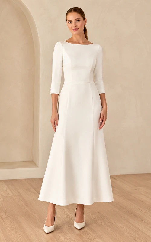 Modest Bateau Three Quarter Sleeve Satin A Line Tea Length Civil Wedding Dress