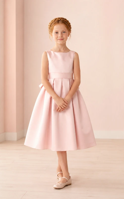 Robe de demoiselle d'honneur sans manches en satin rose poudré, coupe trapèze, encolure bijou et jupe mi-longue ornée d'un nœud.