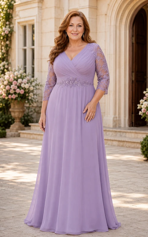 MOB Dress Wisteria Chiffon Lace A-Line 3/4 Sleeve V-Neck Floor Length Pleated
