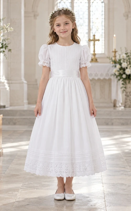 Schlichtes weißes Kommunionkleid in Teelänge mit Puffärmeln, Biesen und Spitzenbesatz.