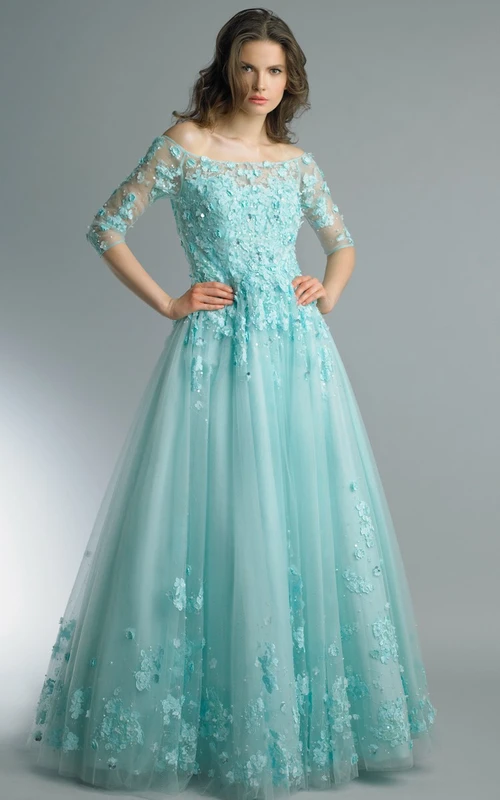A-Linien-Kleid in Bodenlänge, schulterfrei, langärmelig, aus Tüll mit Reißverschluss