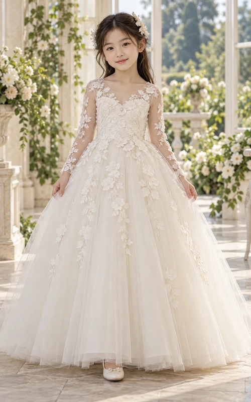 Long Sleeve Ivory Ball-gown Lace Tulle Floor-length Illusion Appliqued Flower Girl Dress