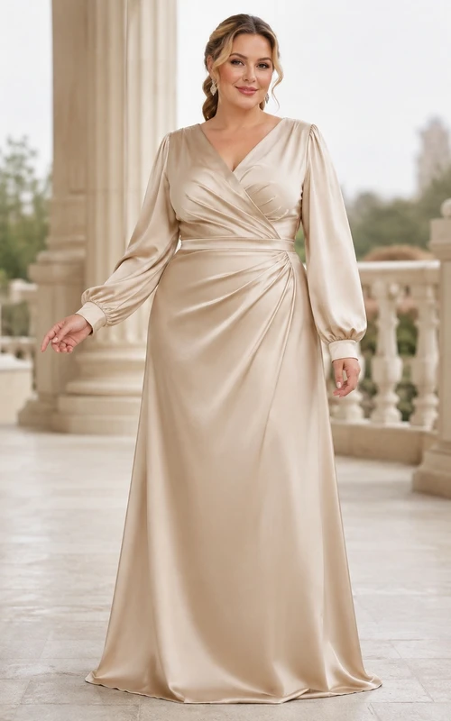 Elegant Plus Size Cowl Neck Long Sleeve Floor-length Satin Sheath Formal Dress