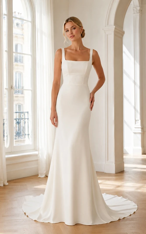 Robe de mariée classique en satin satiné, col carré, sans manches, fourreau et traîne, pour une cérémonie minimaliste