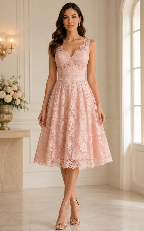 Vestido de cóctel de encaje en rosa empolvado, escote en V, tirantes, corte en A, largo hasta la rodilla con encaje.